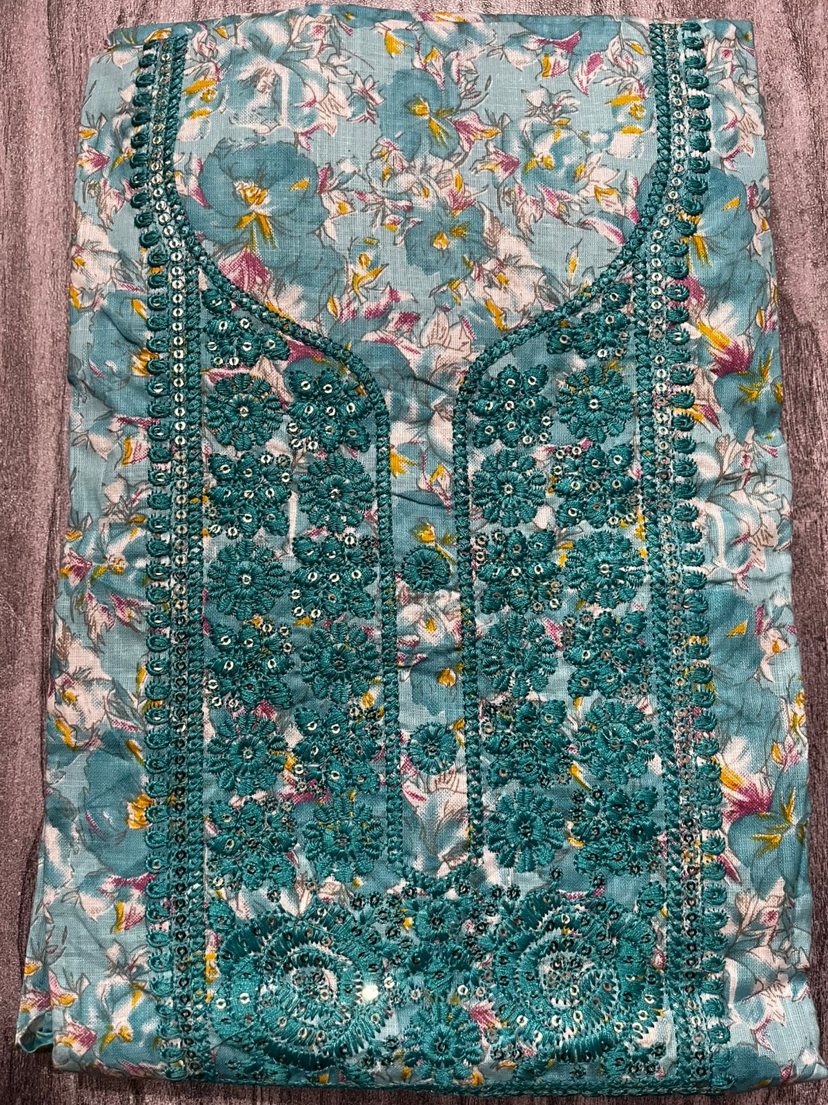 Sky Blue Floral Embroidered Cotton 3-Piece Suit