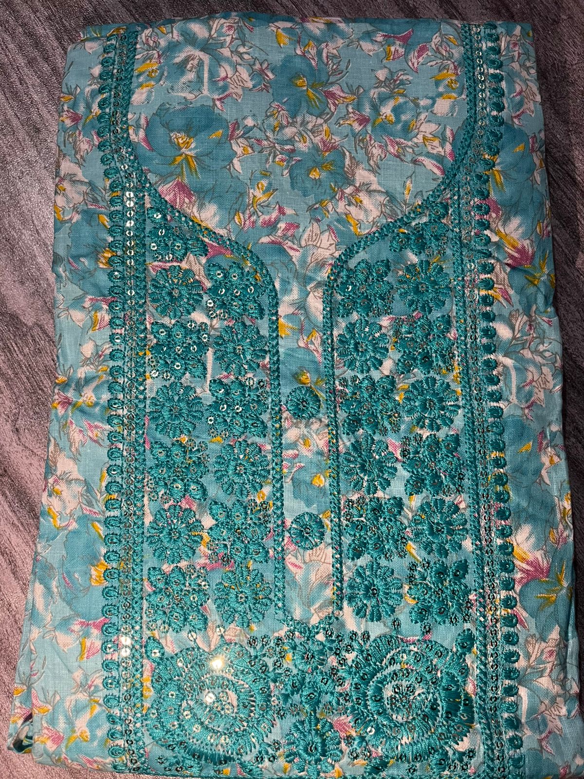 Sky Blue Floral Embroidered Cotton 3-Piece Suit