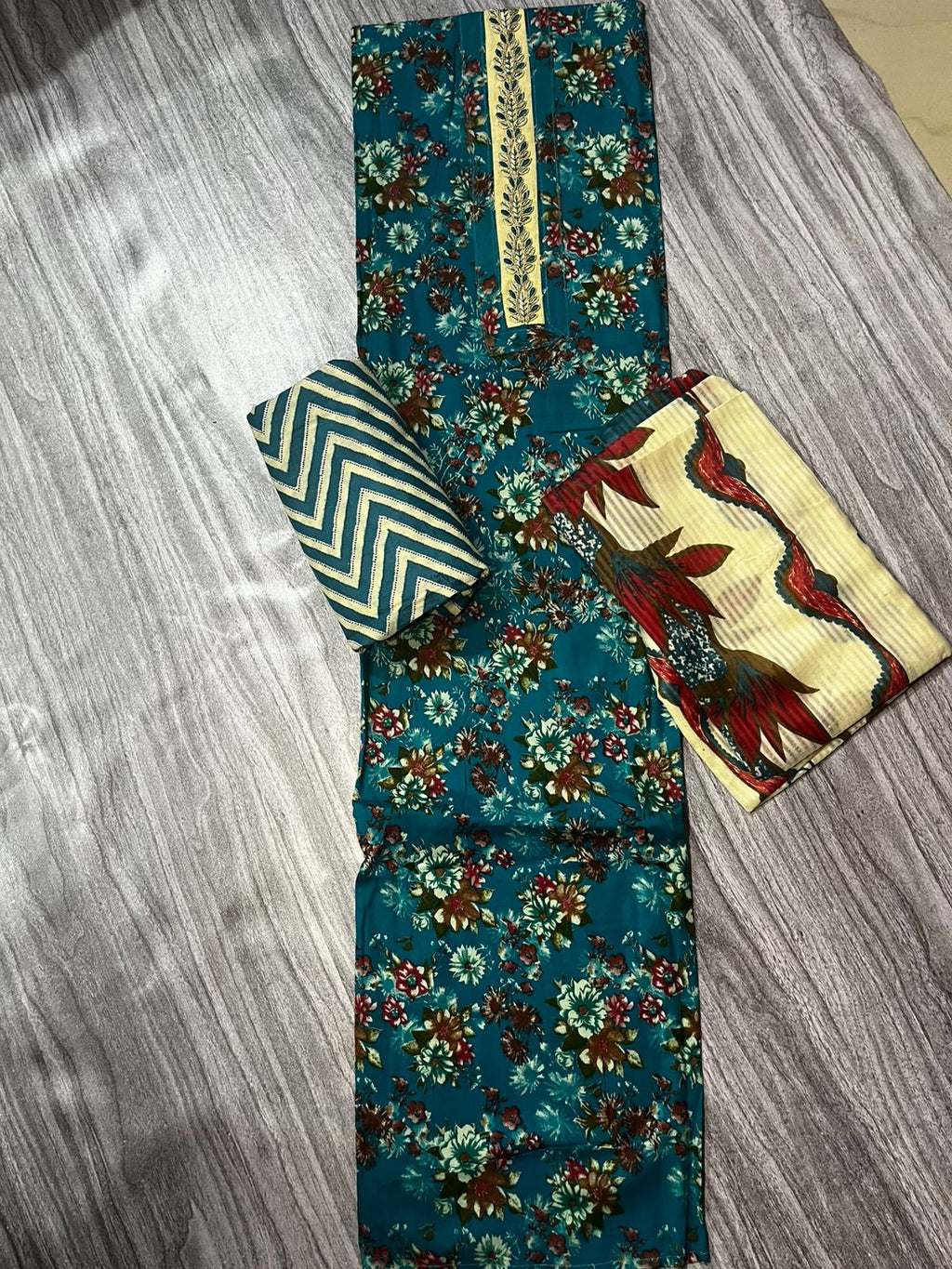 Teal Blue Floral Printed Cotton 3-Piece Suit