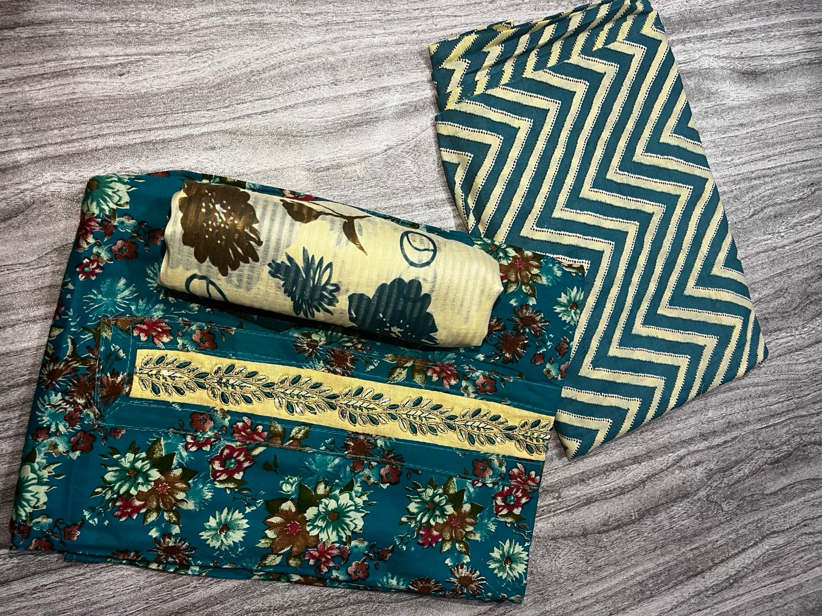 Teal Blue Floral Printed Cotton 3-Piece Suit