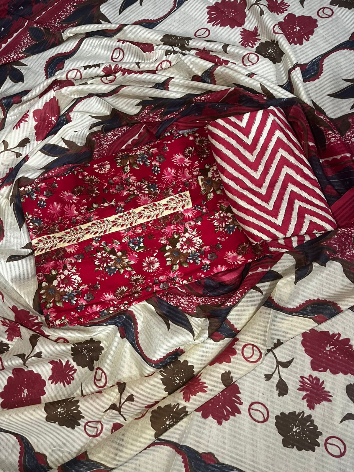 Red Floral Printed Cotton 3-Piece Suit