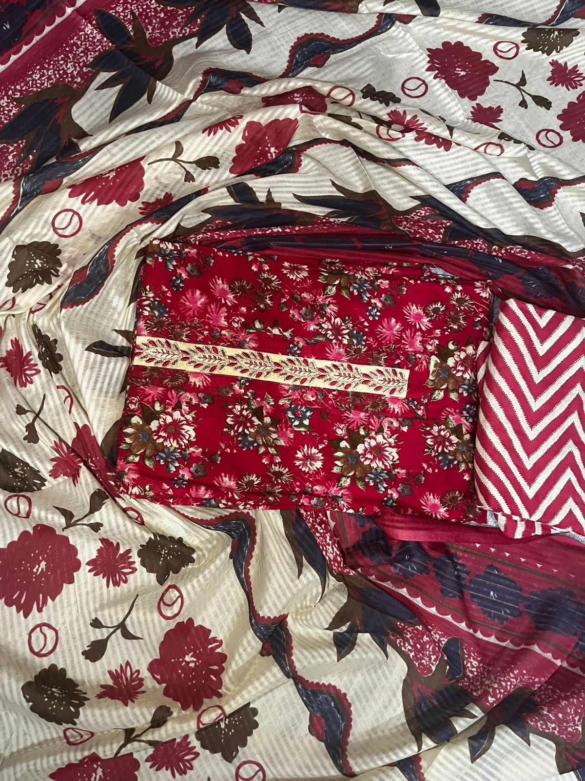 Red Floral Printed Cotton 3-Piece Suit