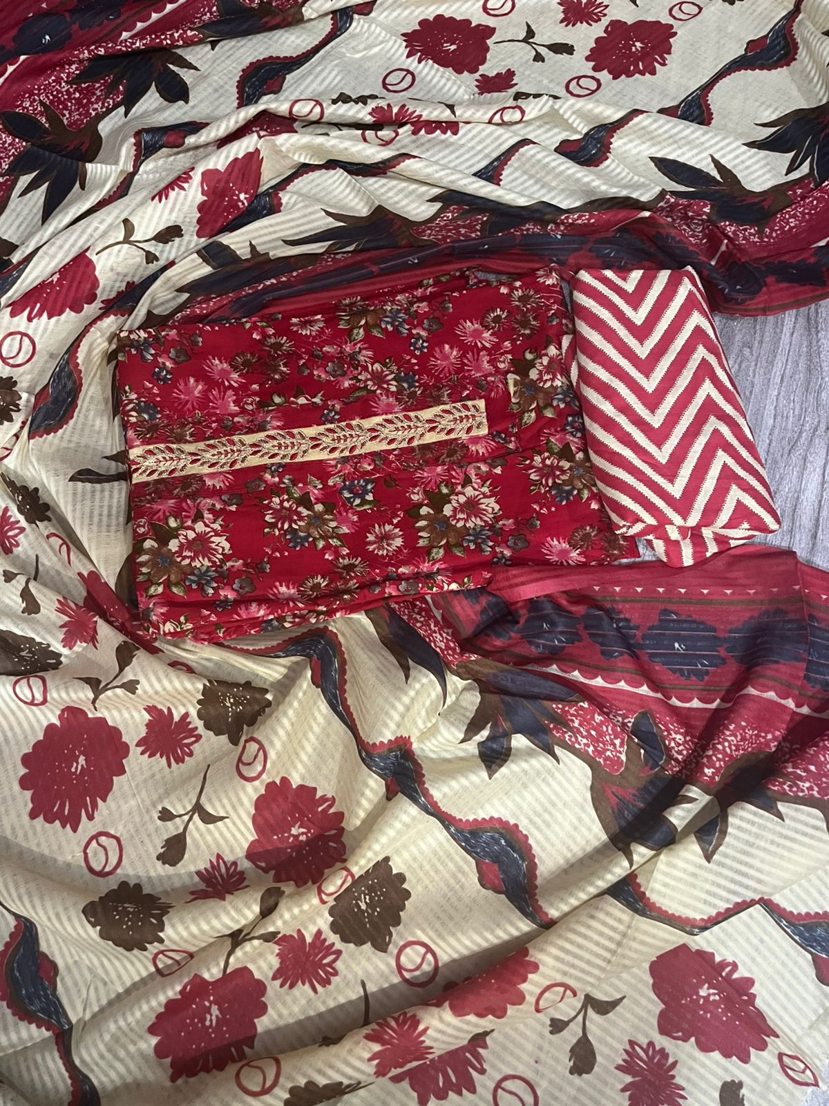 Red Floral Printed Cotton 3-Piece Suit