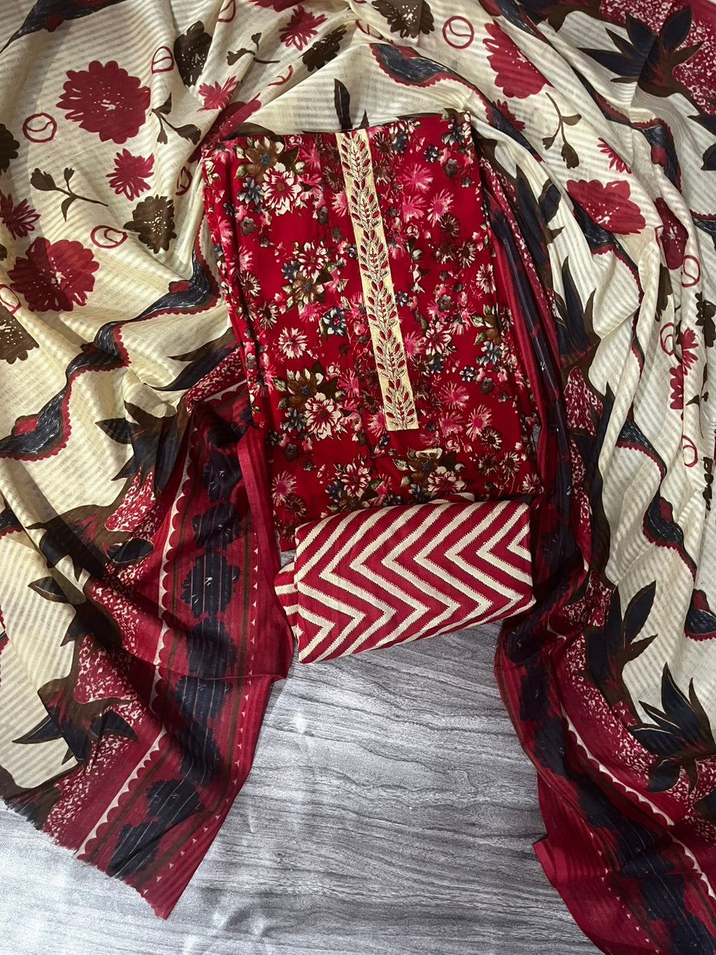 Red Floral Printed Cotton 3-Piece Suit