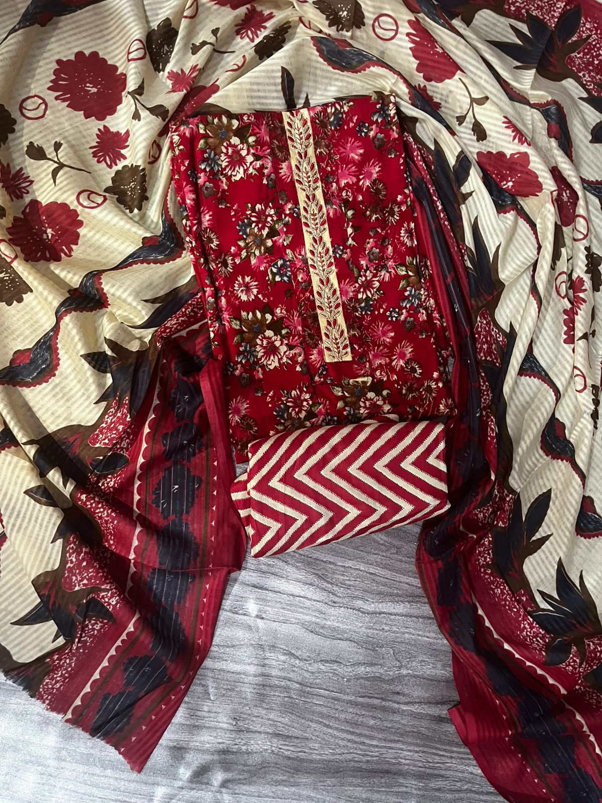 Red Floral Printed Cotton 3-Piece Suit