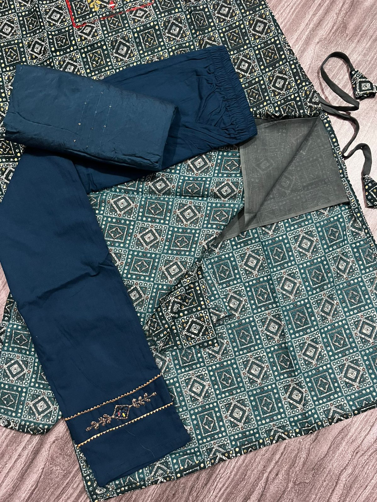 Women's 3 Piece Pure Cotton Printed Suit – Kurta with Embroidery, Matching Bottom & Dupatta