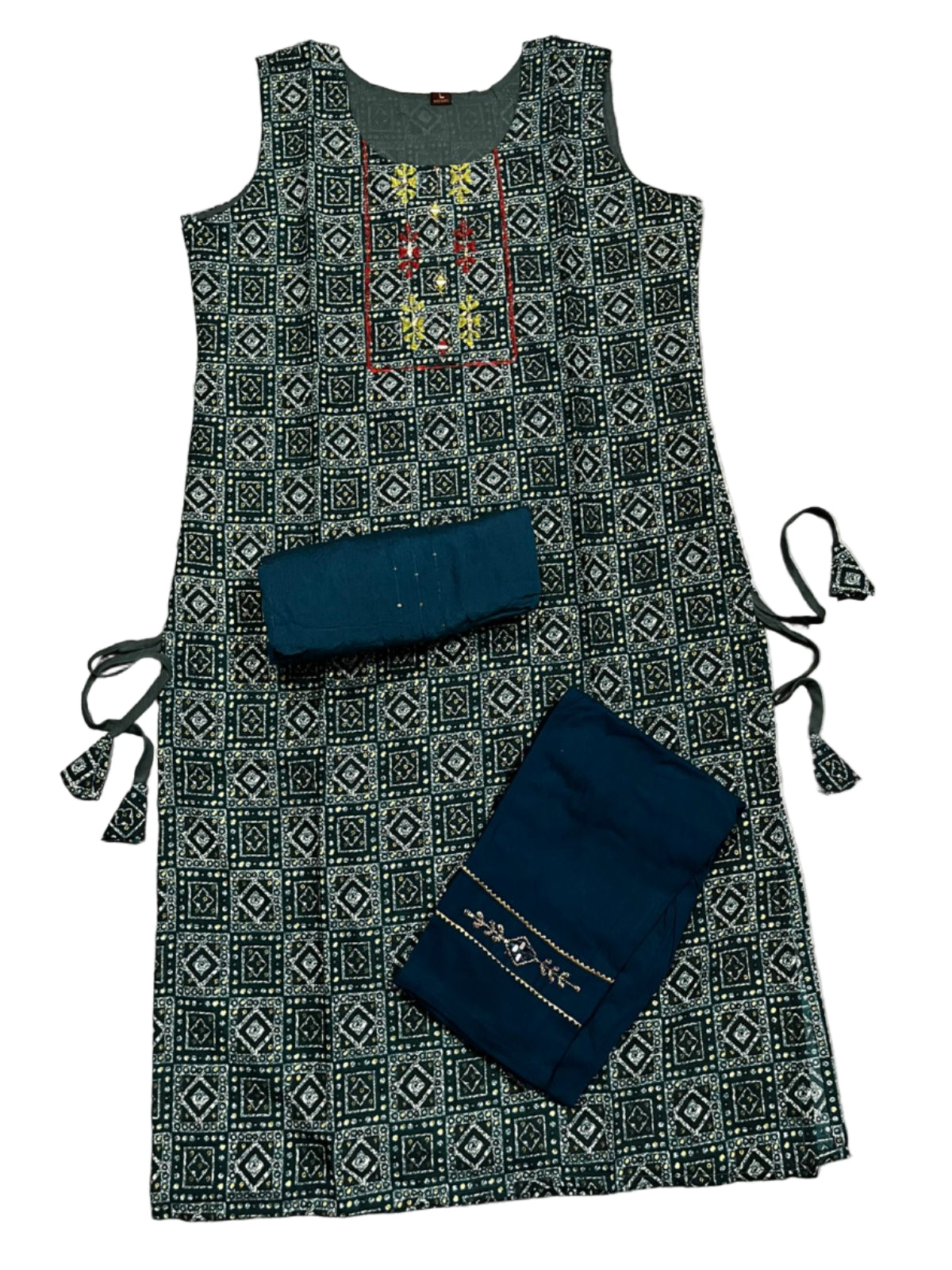 Women's 3 Piece Pure Cotton Printed Suit – Kurta with Embroidery, Matching Bottom & Dupatta