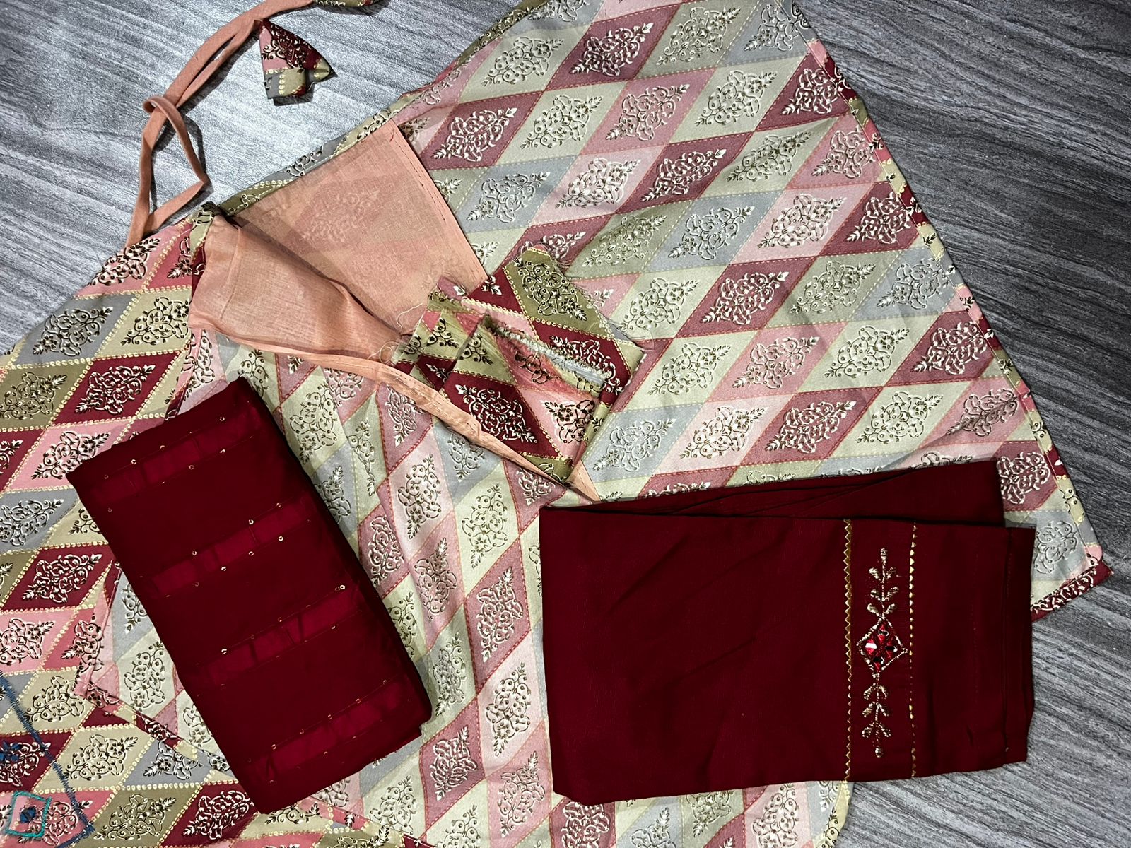 Women's 3 Piece Pure Cotton Embroidered Suit – Maroon Bottom & Dupatta with Designer Printed Kurta