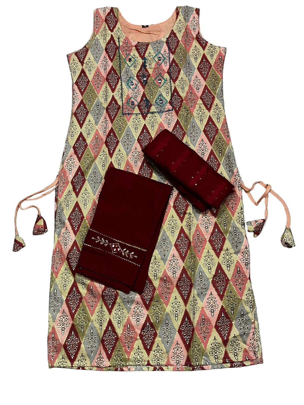 Women's 3 Piece Pure Cotton Embroidered Suit – Maroon Bottom & Dupatta with Designer Printed Kurta