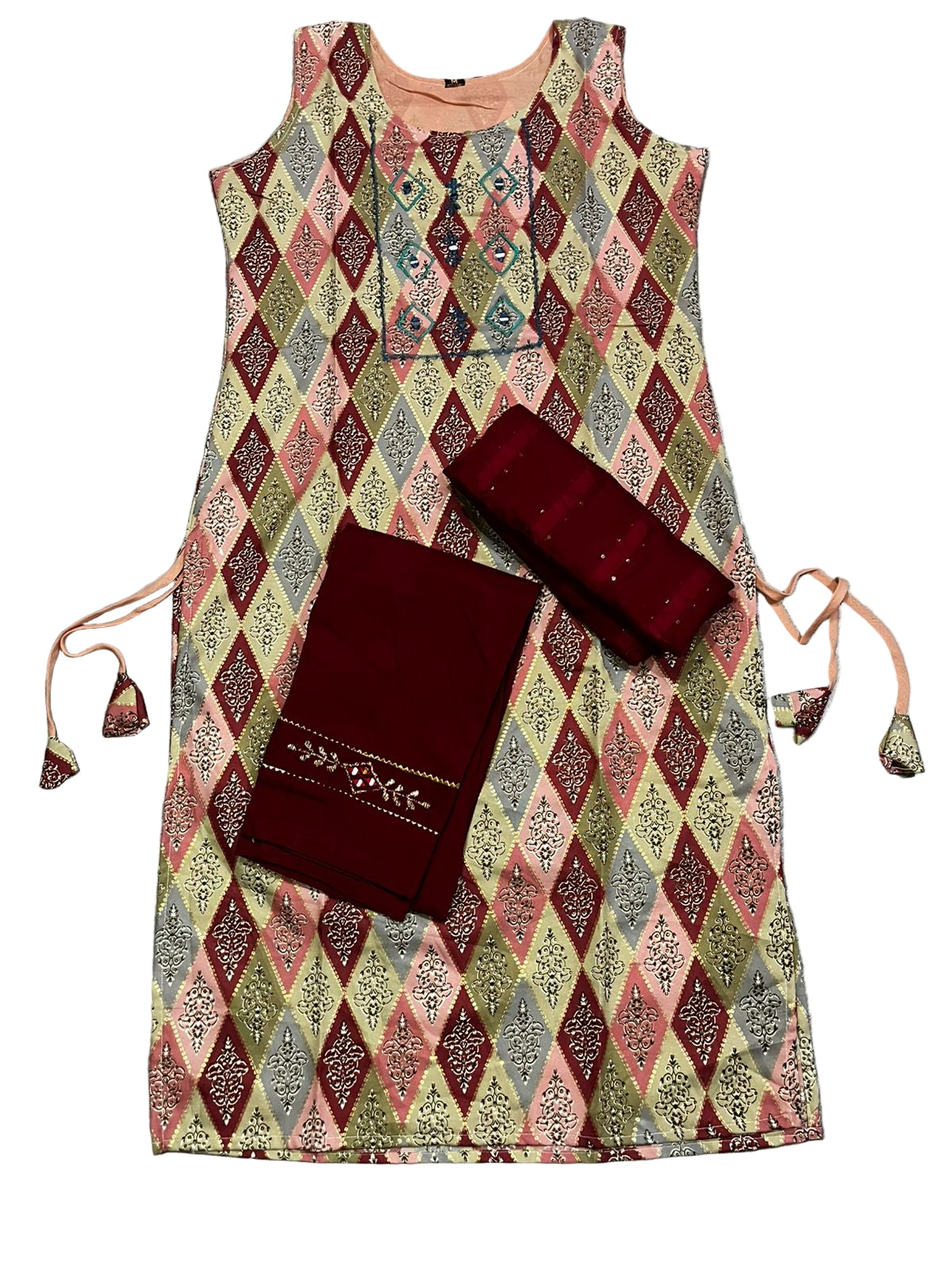 Women's 3 Piece Pure Cotton Embroidered Suit – Maroon Bottom & Dupatta with Designer Printed Kurta