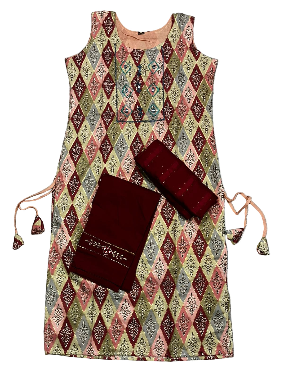 Women's 3 Piece Pure Cotton Embroidered Suit – Maroon Bottom & Dupatta with Designer Printed Kurta