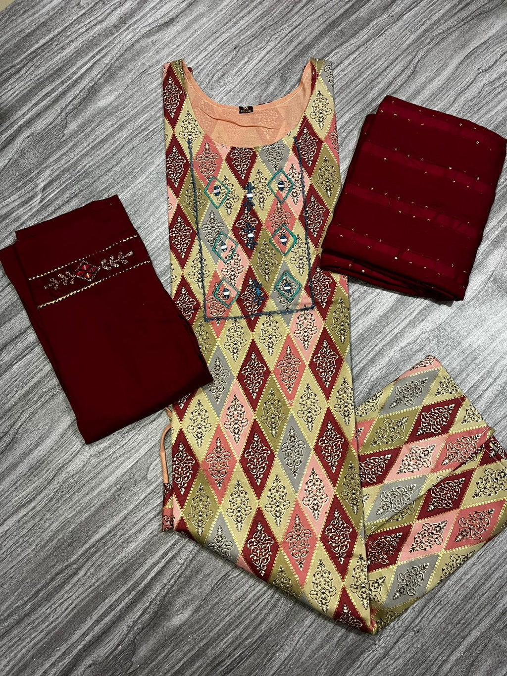 Women's 3 Piece Pure Cotton Embroidered Suit – Maroon Bottom & Dupatta with Designer Printed Kurta