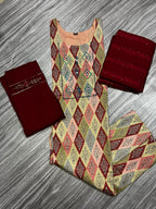 Women's 3 Piece Pure Cotton Embroidered Suit – Maroon Bottom & Dupatta with Designer Printed Kurta