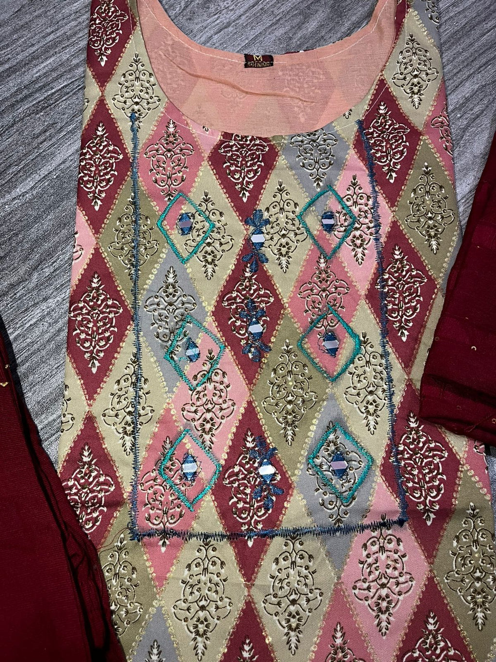 Women's 3 Piece Pure Cotton Embroidered Suit – Maroon Bottom & Dupatta with Designer Printed Kurta