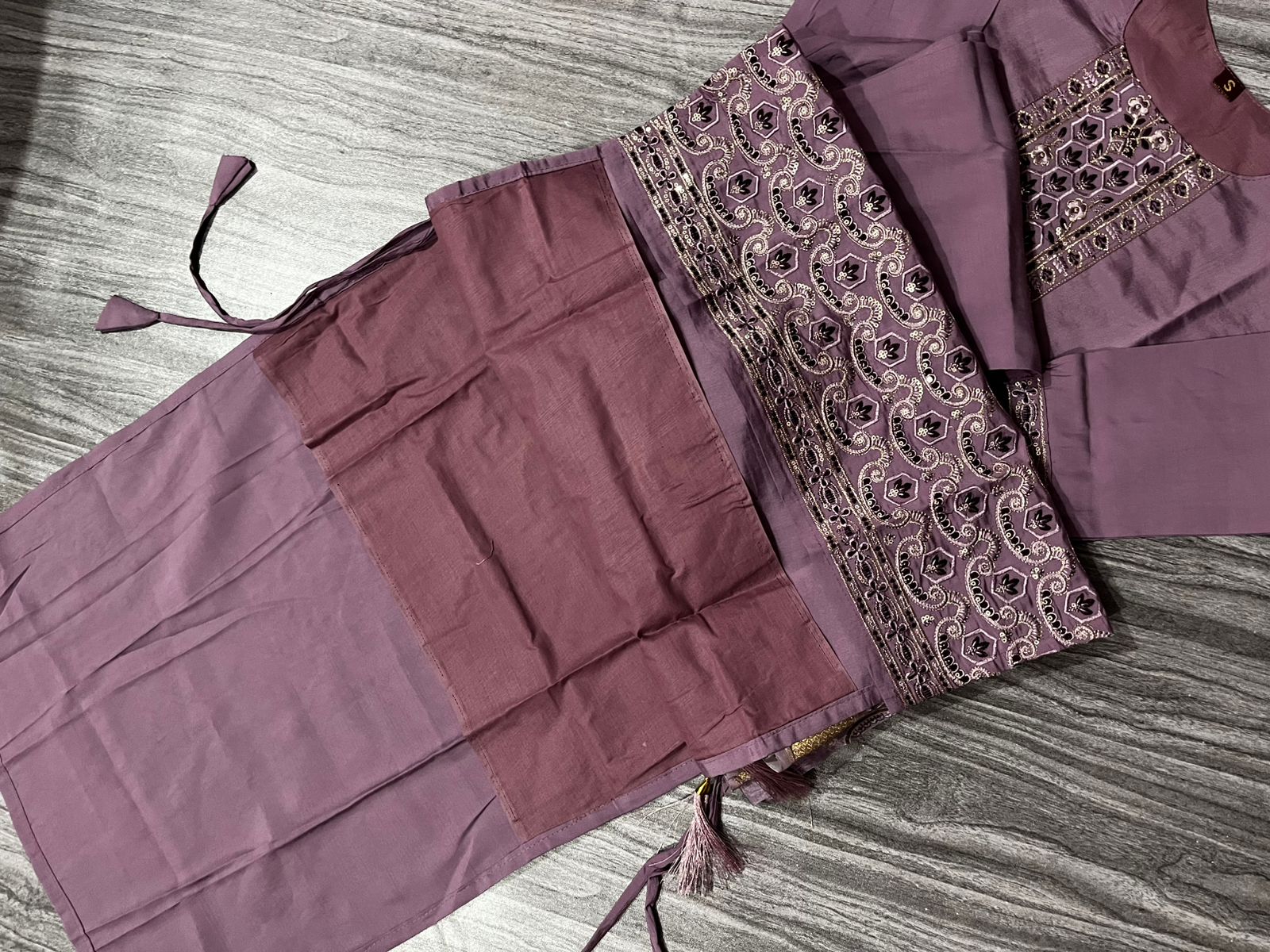 Women’s Purple Embroidered Kurti Set with Dupatta & Bottom – 3 Piece Suit