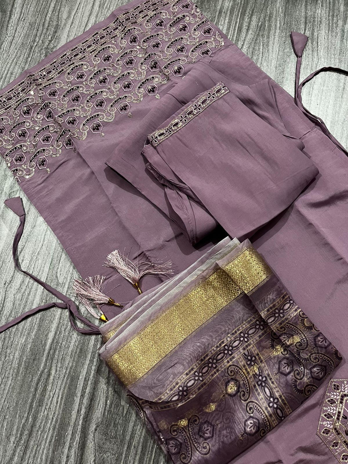 Women’s Purple Embroidered Kurti Set with Dupatta & Bottom – 3 Piece Suit