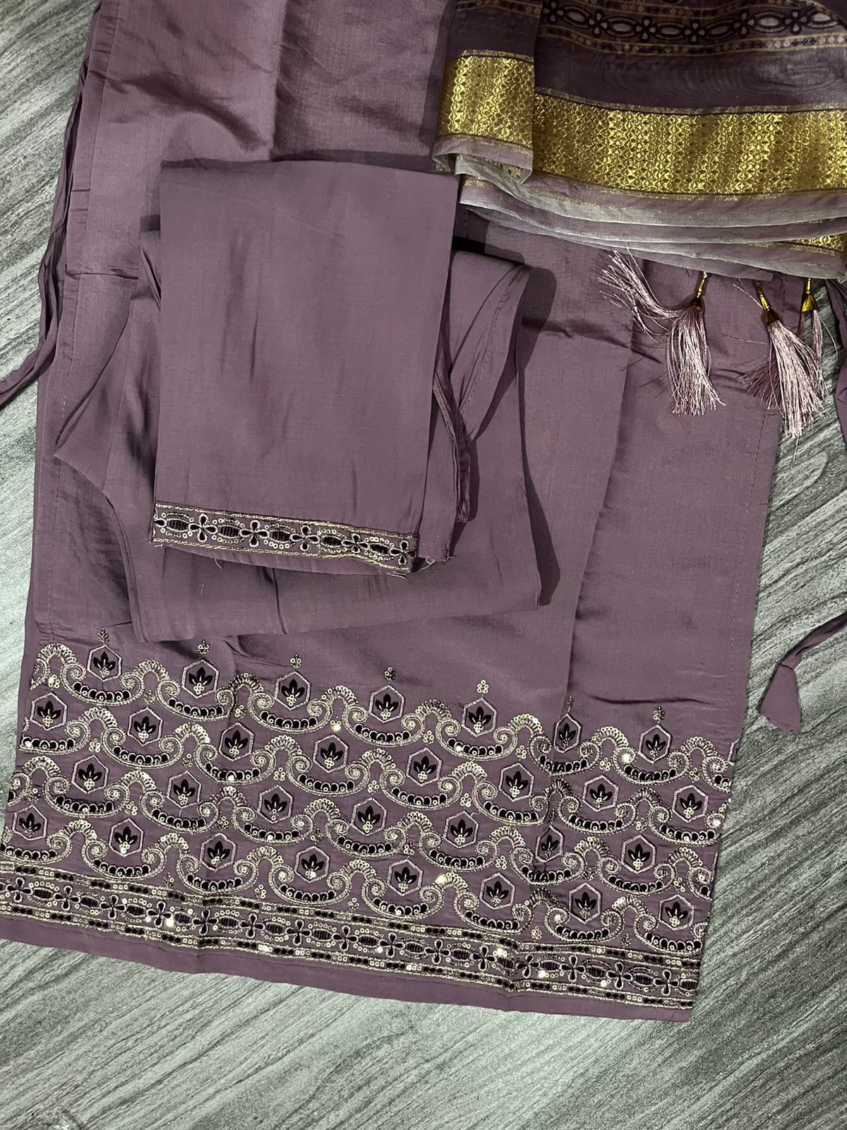 Women’s Purple Embroidered Kurti Set with Dupatta & Bottom – 3 Piece Suit