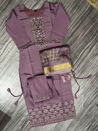 Women’s Purple Embroidered Kurti Set with Dupatta & Bottom – 3 Piece Suit