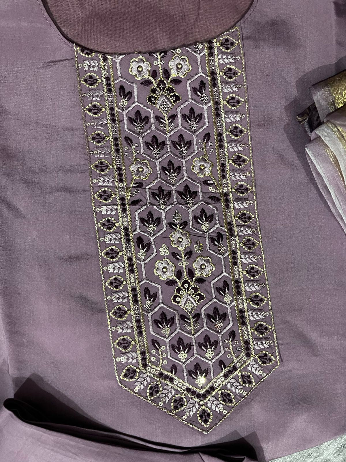 Women’s Purple Embroidered Kurti Set with Dupatta & Bottom – 3 Piece Suit