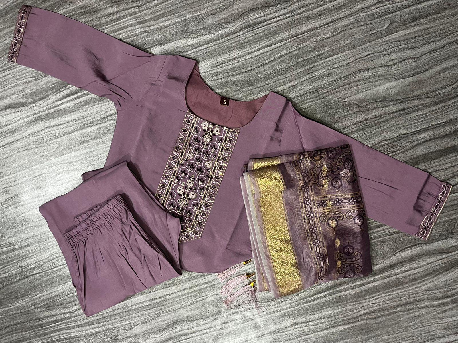 Women’s Purple Embroidered Kurti Set with Dupatta & Bottom – 3 Piece Suit