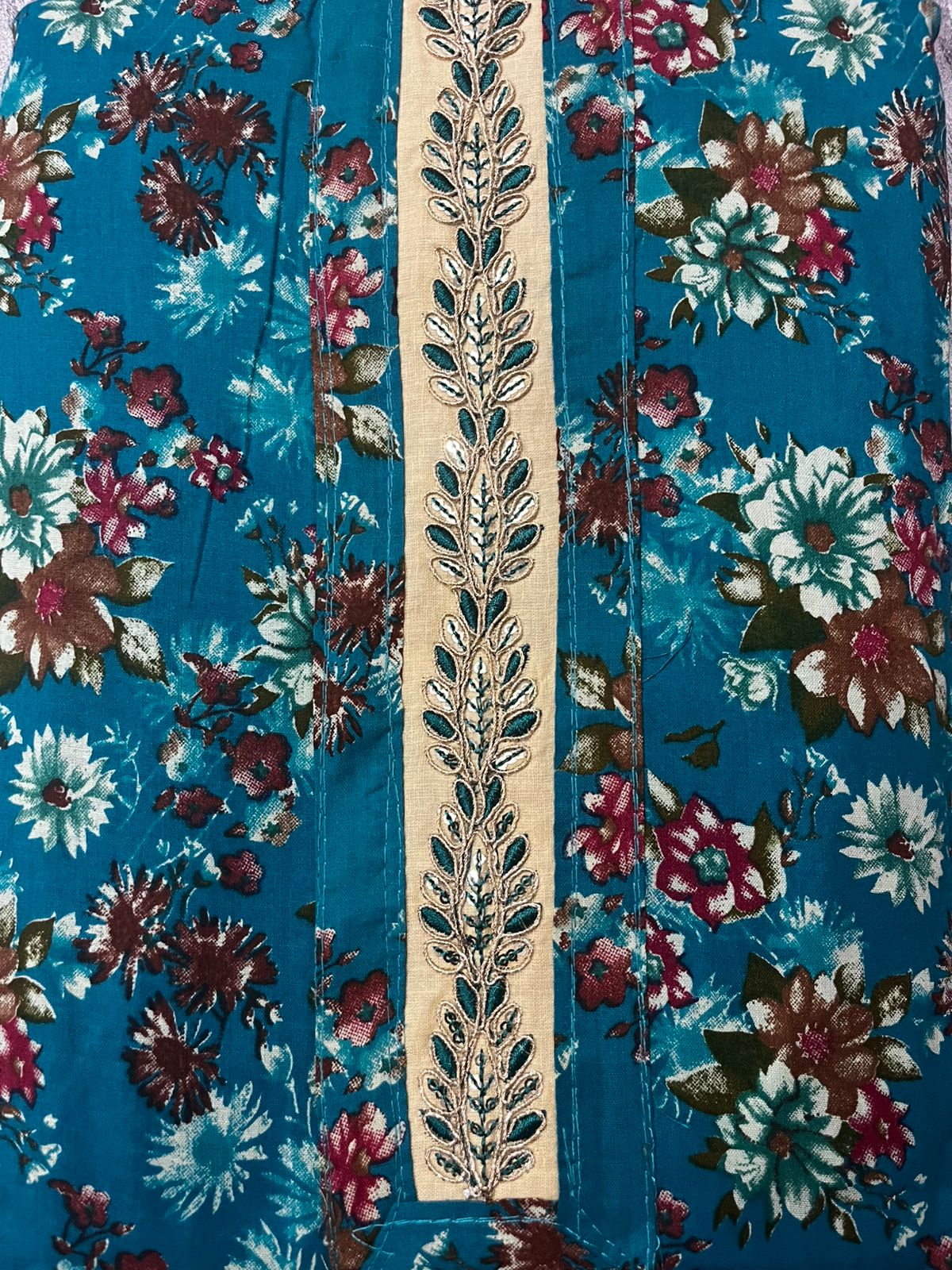 Teal Blue Floral Printed Cotton 3-Piece Suit