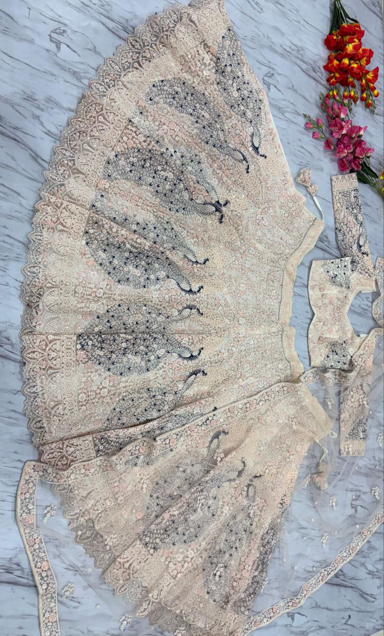 Peacock Design Butterfly Net Lehenga Choli Set - 3.5m Flare with Dori & Sandwich Sequins