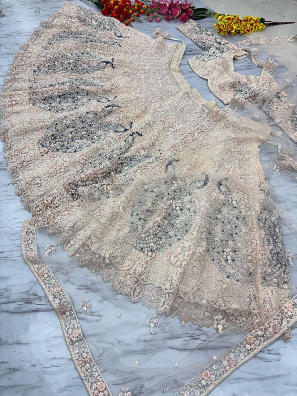 Peacock Design Butterfly Net Lehenga Choli Set - 3.5m Flare with Dori & Sandwich Sequins