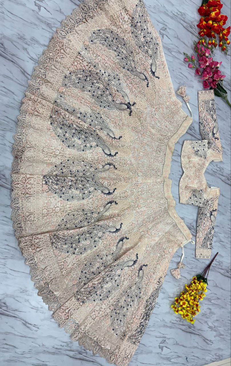 Peacock Design Butterfly Net Lehenga Choli Set - 3.5m Flare with Dori & Sandwich Sequins