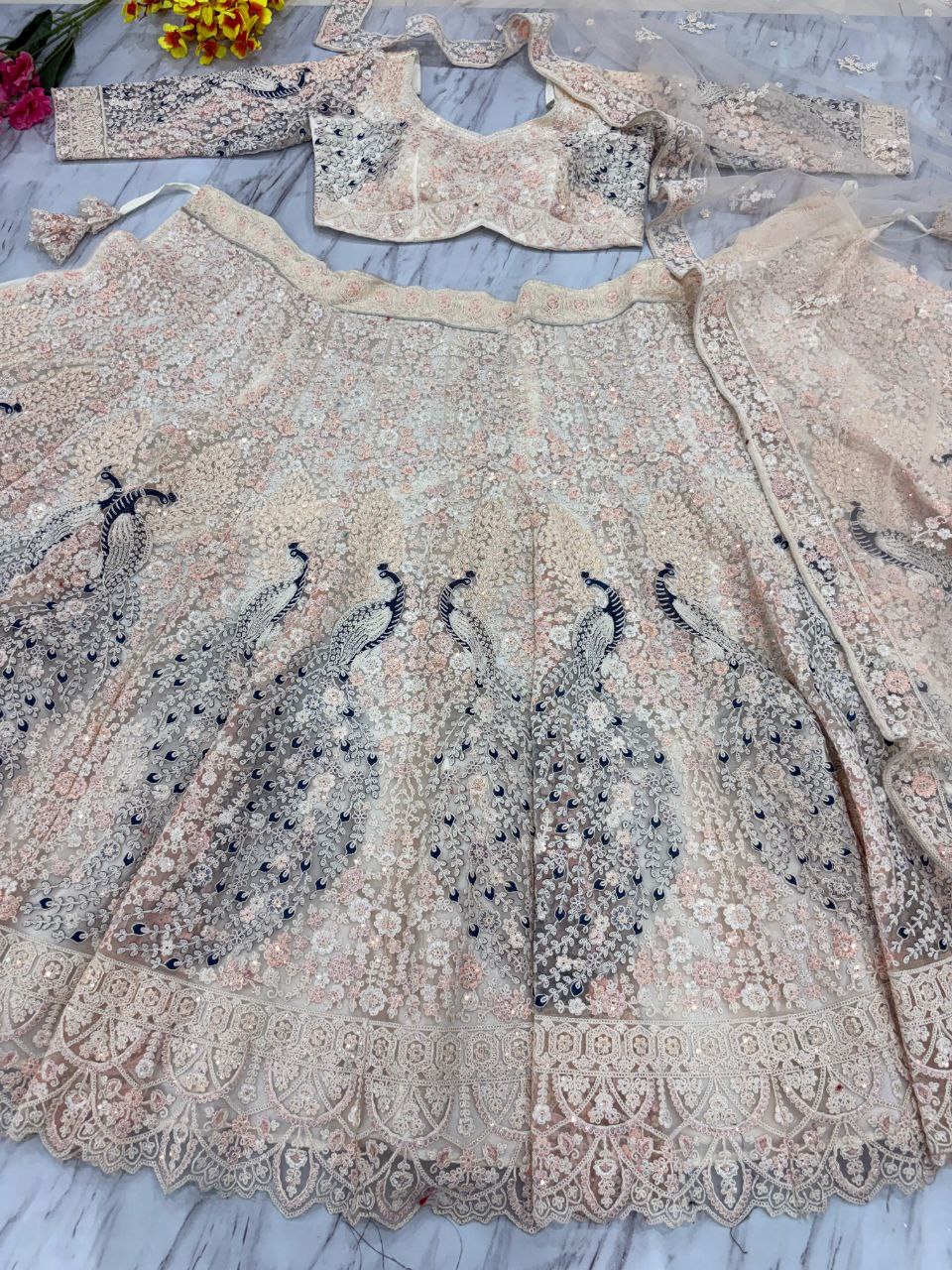 Peacock Design Butterfly Net Lehenga Choli Set - 3.5m Flare with Dori & Sandwich Sequins