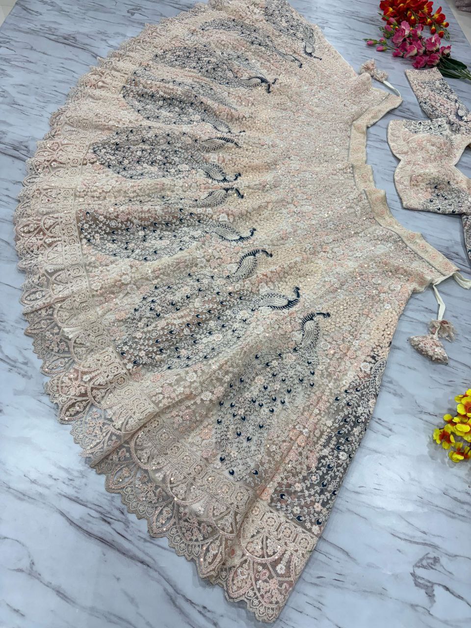 Peacock Design Butterfly Net Lehenga Choli Set - 3.5m Flare with Dori & Sandwich Sequins