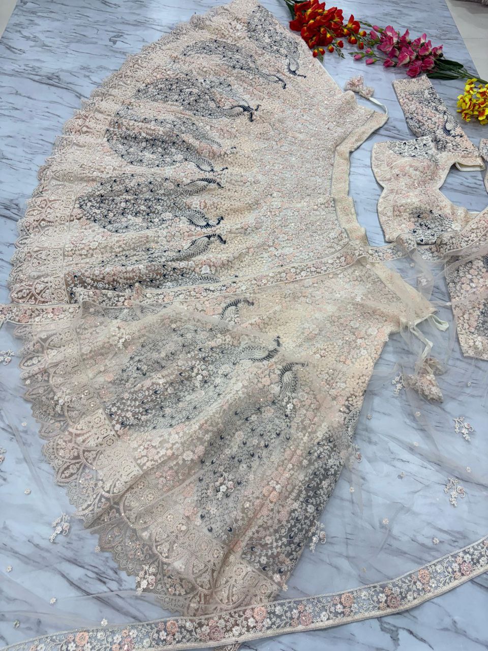 Peacock Design Butterfly Net Lehenga Choli Set - 3.5m Flare with Dori & Sandwich Sequins