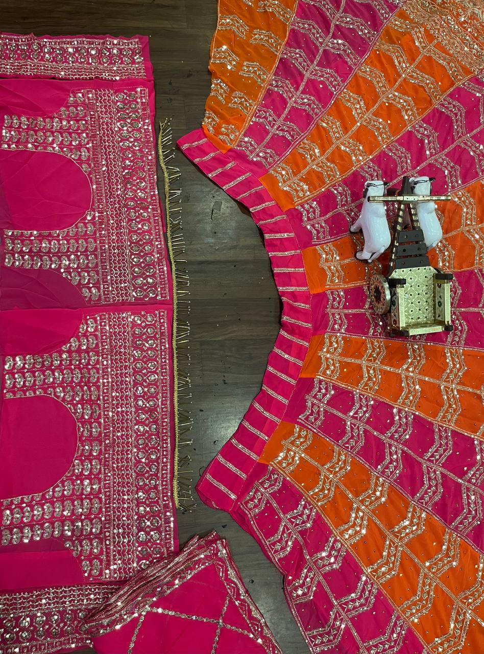 Pink and Orange Dual Tone Embroidered Lehenga Set with Mirror and Zari Work