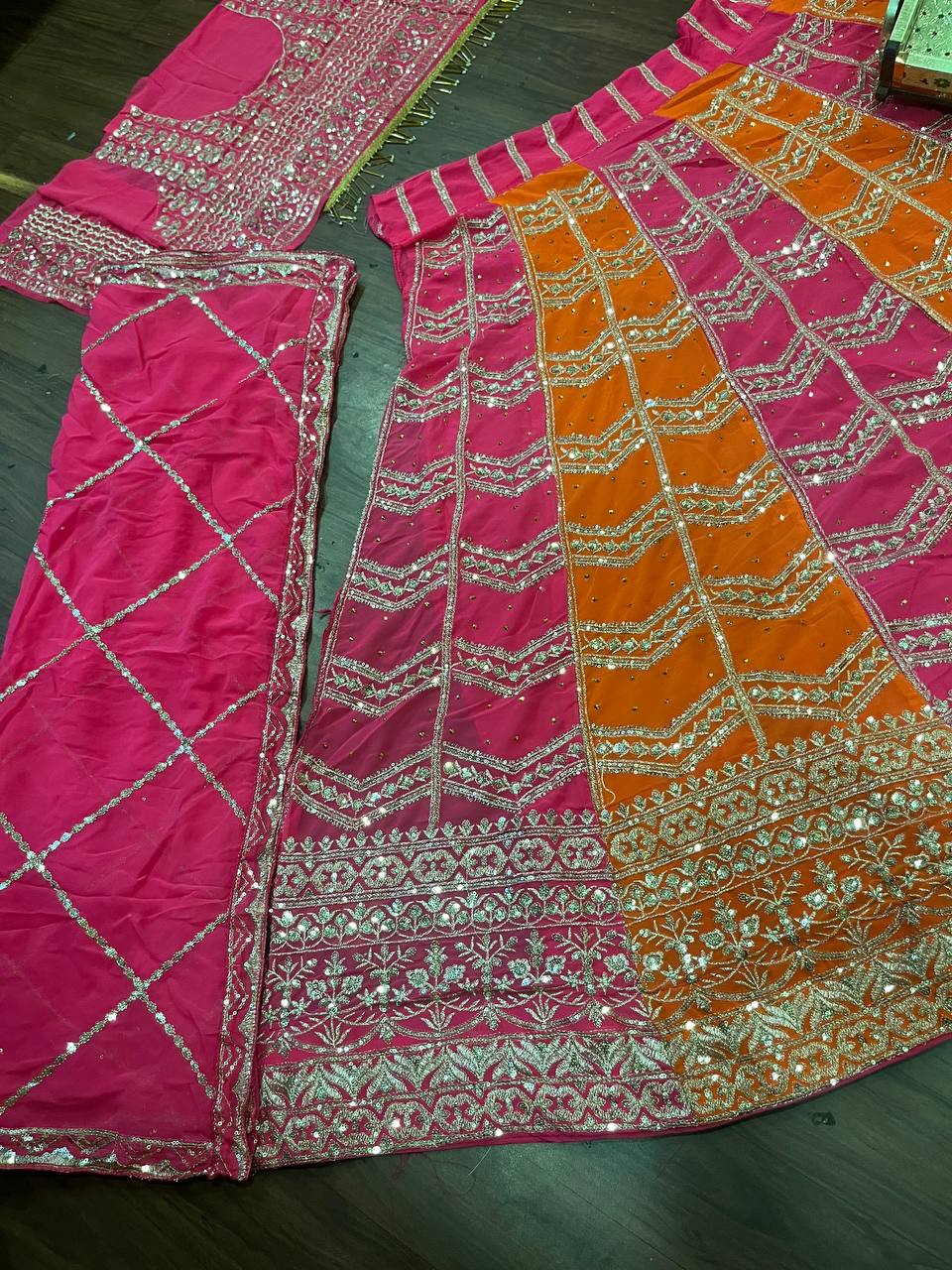 Pink and Orange Dual Tone Embroidered Lehenga Set with Mirror and Zari Work