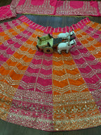 Pink and Orange Dual Tone Embroidered Lehenga Set with Mirror and Zari Work