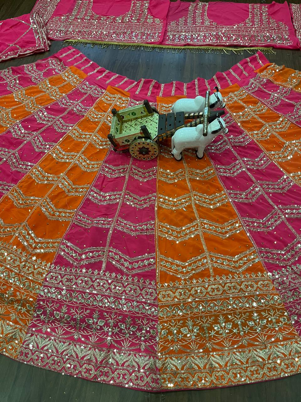 Pink and Orange Dual Tone Embroidered Lehenga Set with Mirror and Zari Work