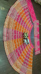 Pink and Orange Dual Tone Embroidered Lehenga Set with Mirror and Zari Work