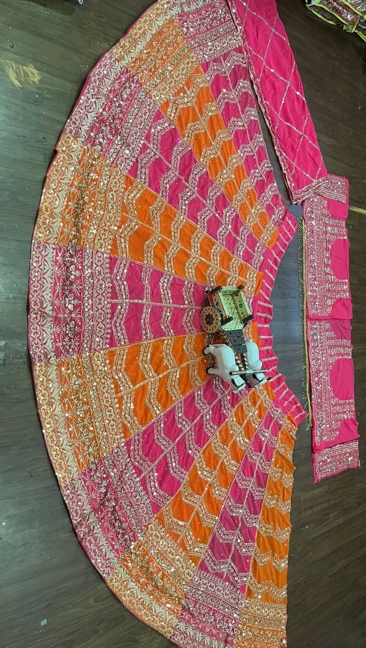 Pink and Orange Dual Tone Embroidered Lehenga Set with Mirror and Zari Work
