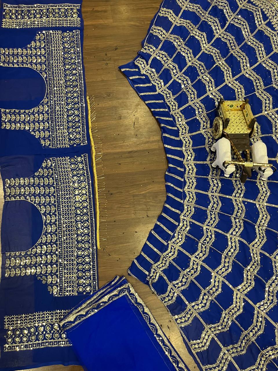 royal blue lehenga with heavy golden zari and sequin embroidery