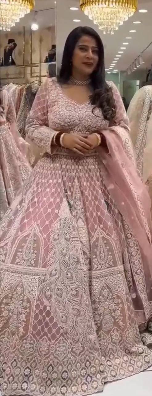 Pastel Pink Peacock Embroidered Lehenga Fabric with Zari, Sequin & Mirror Work