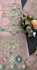 Pastel Pink Peacock Embroidered Lehenga Fabric with Zari, Sequin & Mirror Work
