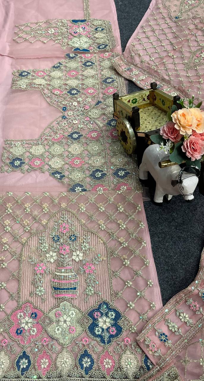 Pastel Pink Peacock Embroidered Lehenga Fabric with Zari, Sequin & Mirror Work