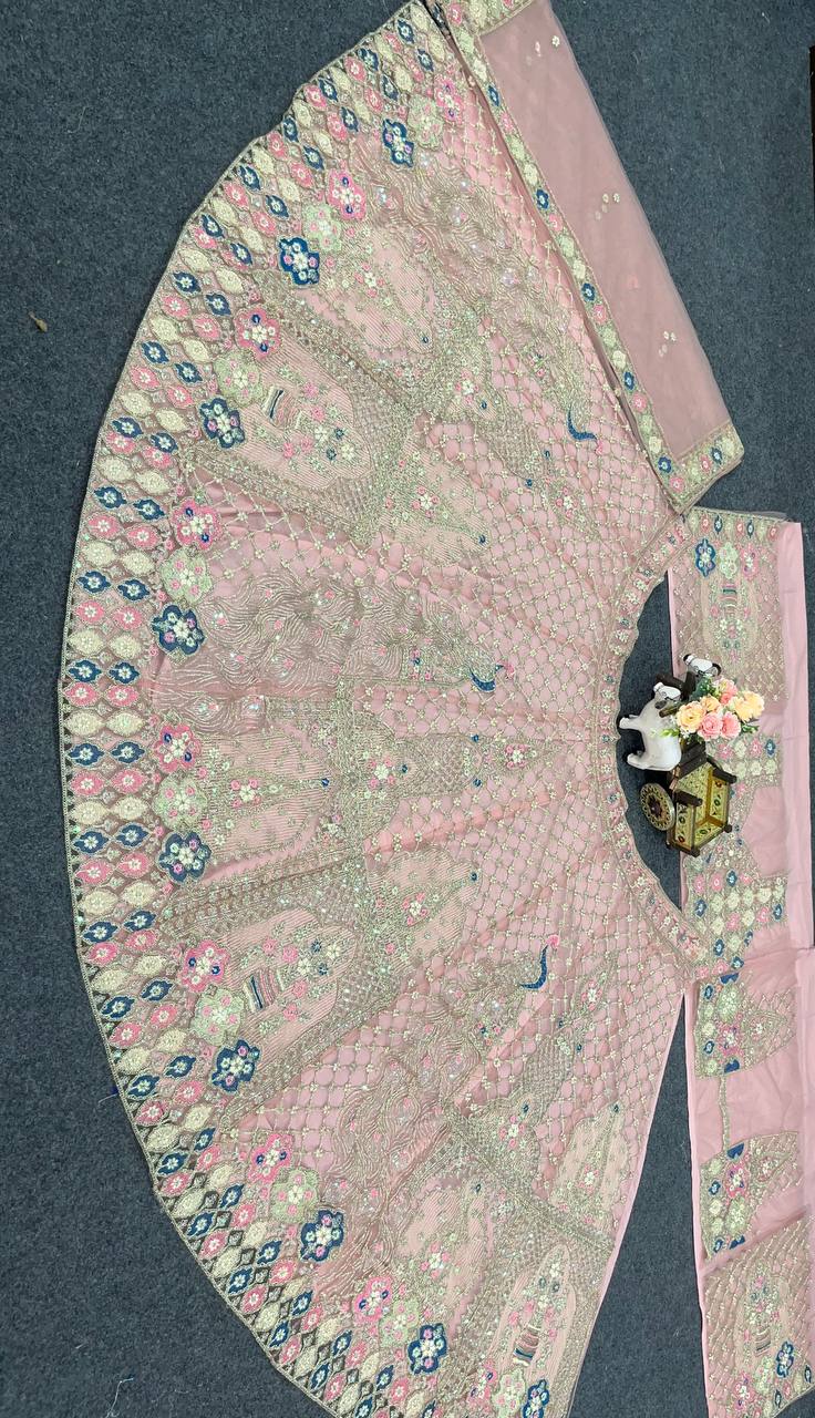 Pastel Pink Peacock Embroidered Lehenga Fabric with Zari, Sequin & Mirror Work