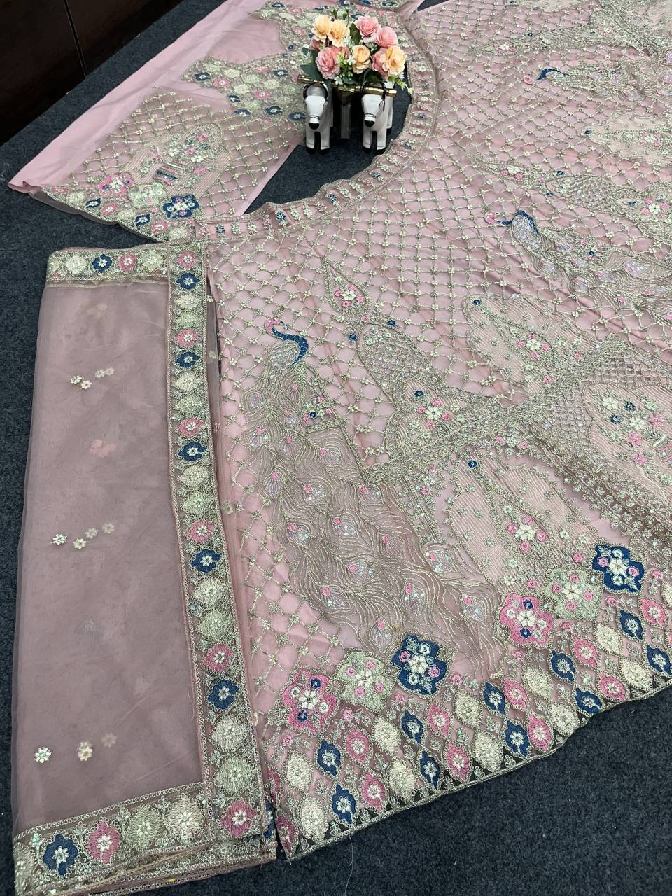 Pastel Pink Peacock Embroidered Lehenga Fabric with Zari, Sequin & Mirror Work