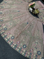 Pastel Pink Peacock Embroidered Lehenga Fabric with Zari, Sequin & Mirror Work