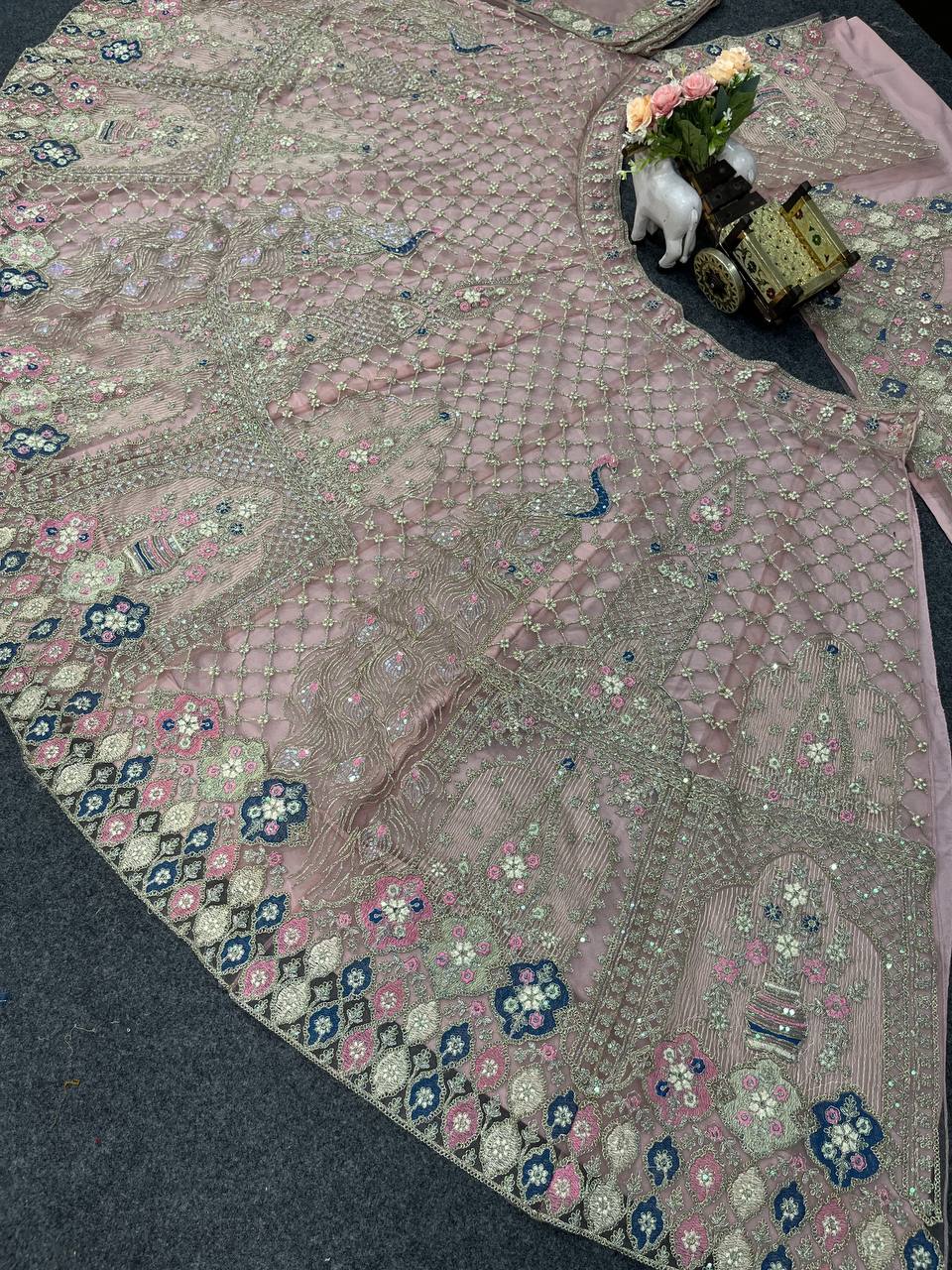 Pastel Pink Peacock Embroidered Lehenga Fabric with Zari, Sequin & Mirror Work
