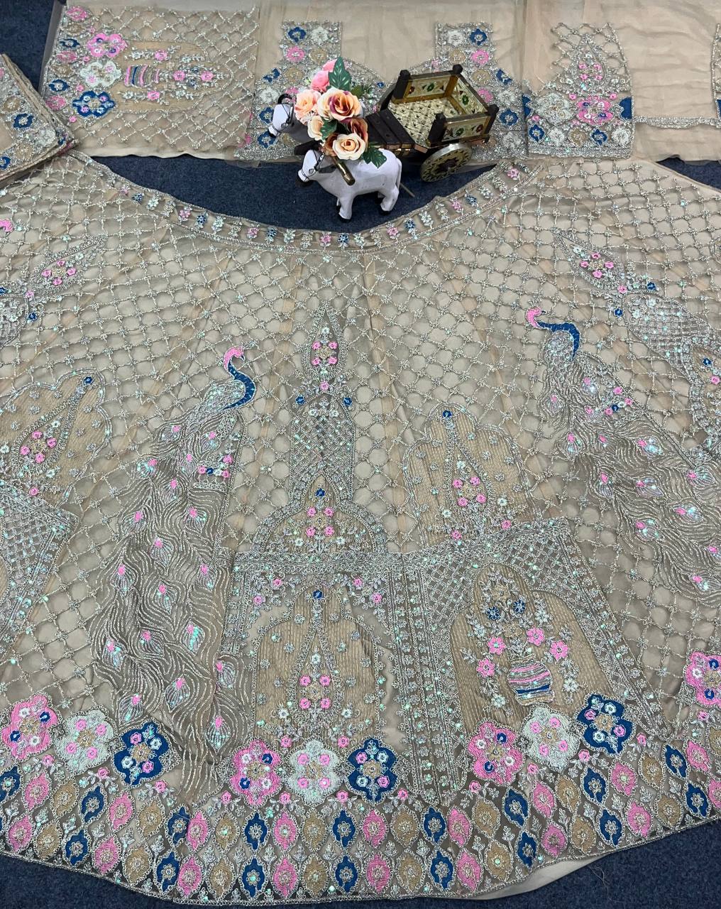 Beige Peacock Embroidered Lehenga Fabric with Zari, Sequin & Mirror Work
