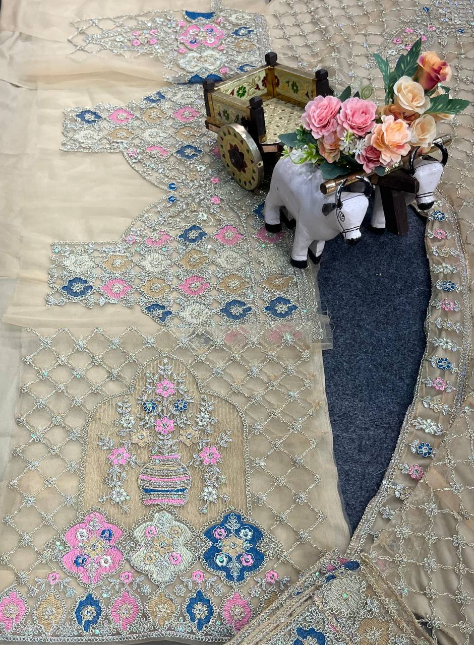 Beige Peacock Embroidered Lehenga Fabric with Zari, Sequin & Mirror Work