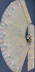 Beige Peacock Embroidered Lehenga Fabric with Zari, Sequin & Mirror Work
