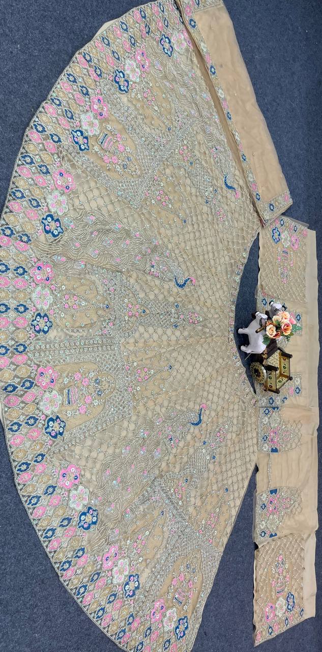 Beige Peacock Embroidered Lehenga Fabric with Zari, Sequin & Mirror Work
