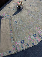 Beige Peacock Embroidered Lehenga Fabric with Zari, Sequin & Mirror Work
